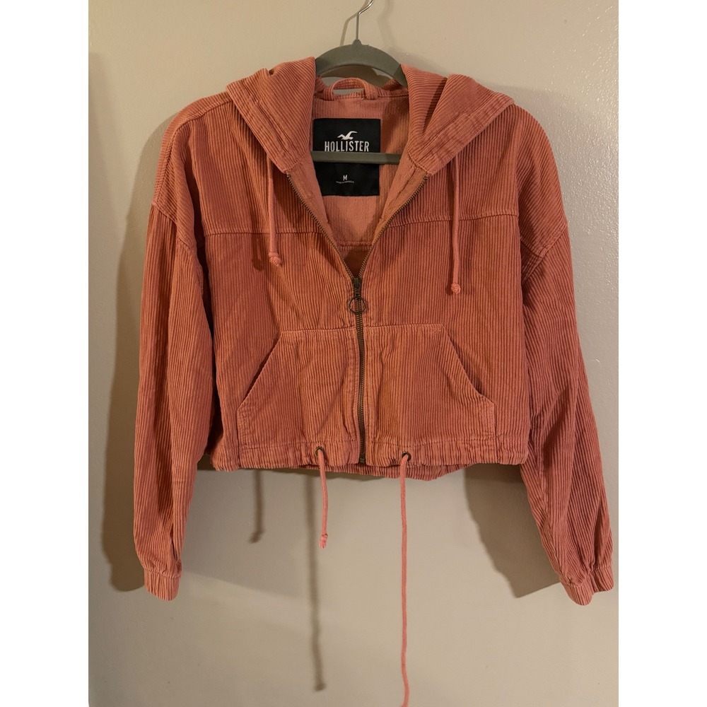 Hollister Womens Coral Pink Corduroy Full Zip Cropped Hooded Jacket Medium